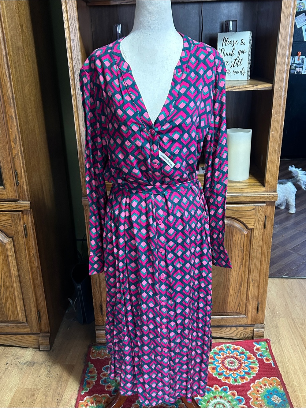 Terra & Sky Long Sleeve Geometric Wrap Dress in Pink and Navy